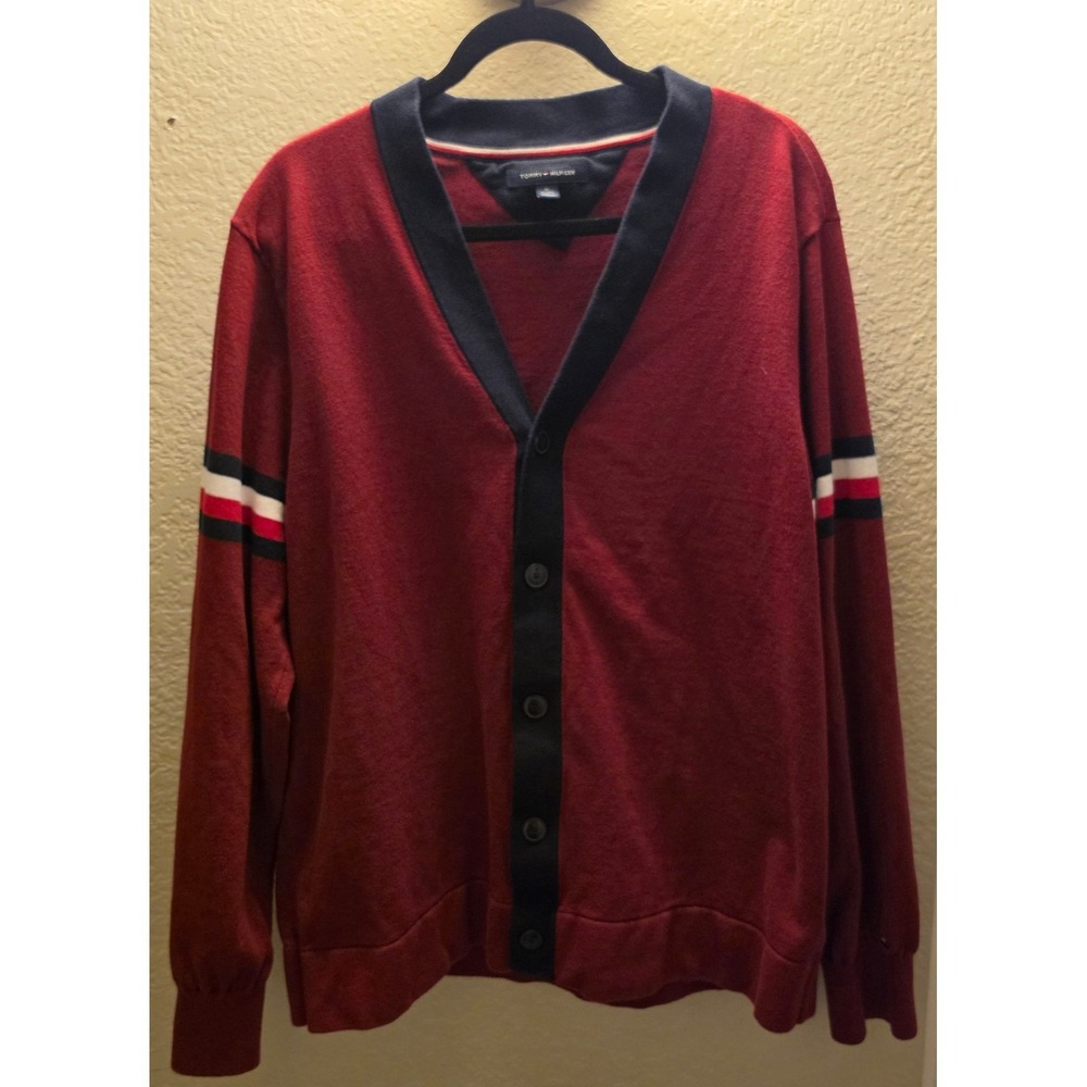 Tommy Hilfiger Mens XL Burgundy Red Cotton V-Neck Cardigan Sweater Preppy